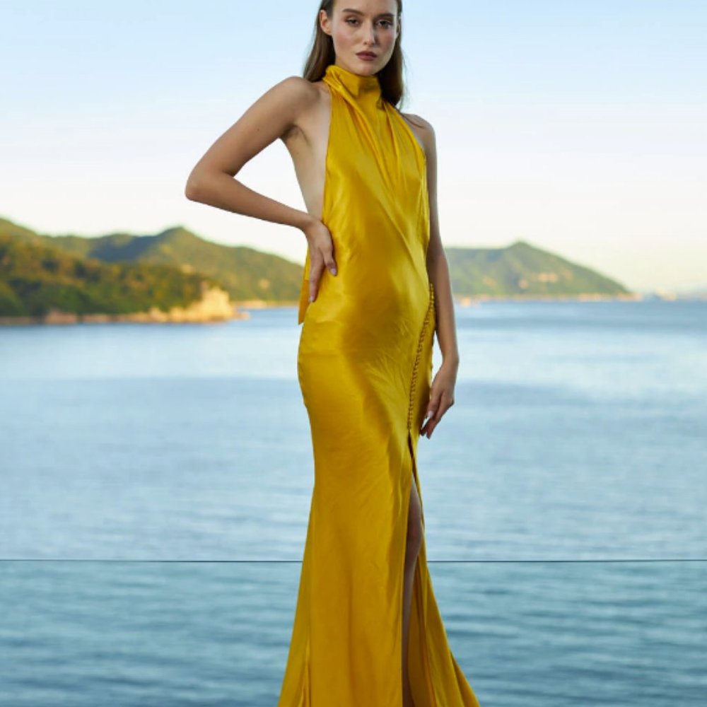 Sau Lee Penelope Satin Halter Gown in Gold